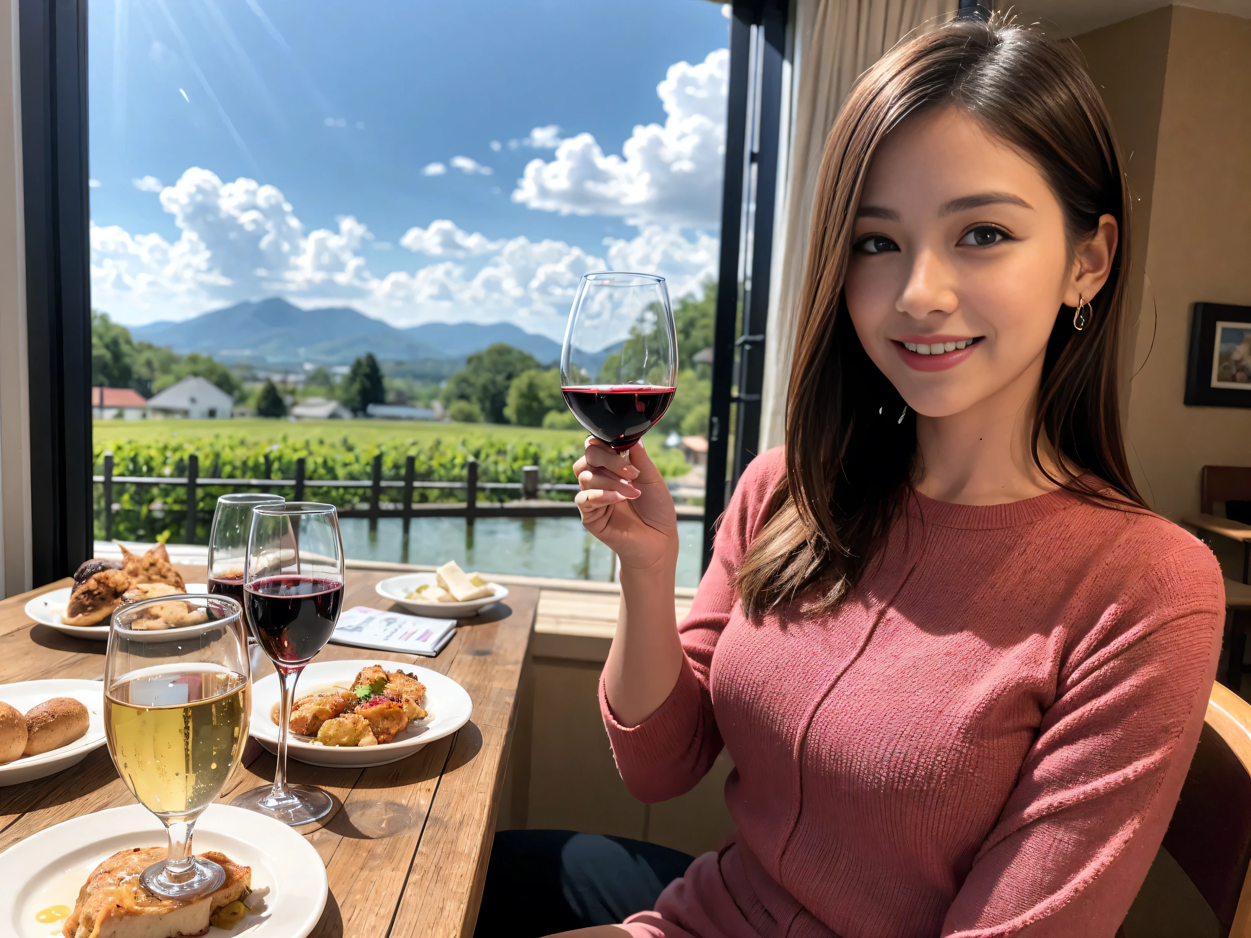 ((highest quality、8k、masterpiece:1.3))、1 male、1 female、Satomi Ishihara-like beautiful couple、Spouse、Couple、The body is slim、((Bob Hale、Straight hair:1.2)), (Realistic, Intricate details:1.2), Wine glass on the table、Shine light on your face、 Amazing view of the sunset sky and clouds、Amazing mountain views、A bright smile、The wonderfulness of smile、Bright image、The beauty of wine, Beautiful Face, blue eyes, The light shines on your face, Blushing, short hair,Bright Face、 (Age 37), 41 years old, red wine 、Appetizers、Italian food、Wine bottle、Champagne、sparkling wine、Two beauties、Brown Hair、Shortcuts、Long sleeve shirt、dress、Pretty Woman 1, (Slim face), (The body is slim), (Brown Hair), (Shortcuts), cheeks turn a little red,Attractive beauty、restaurant, In a prominent place (From the waist up) Nova Frog Style, actress, model, Upper Body, White wine, slim, wine glass, A wine glass placed in the center, smile, (smile: 1.15), Beautiful fine grain, Depth f/2,saturation, High Contrast, Strong light and shadow,Moist Body:1.5、3D texture、Delicate eyes、Brown Hair、The hair is very shiny、