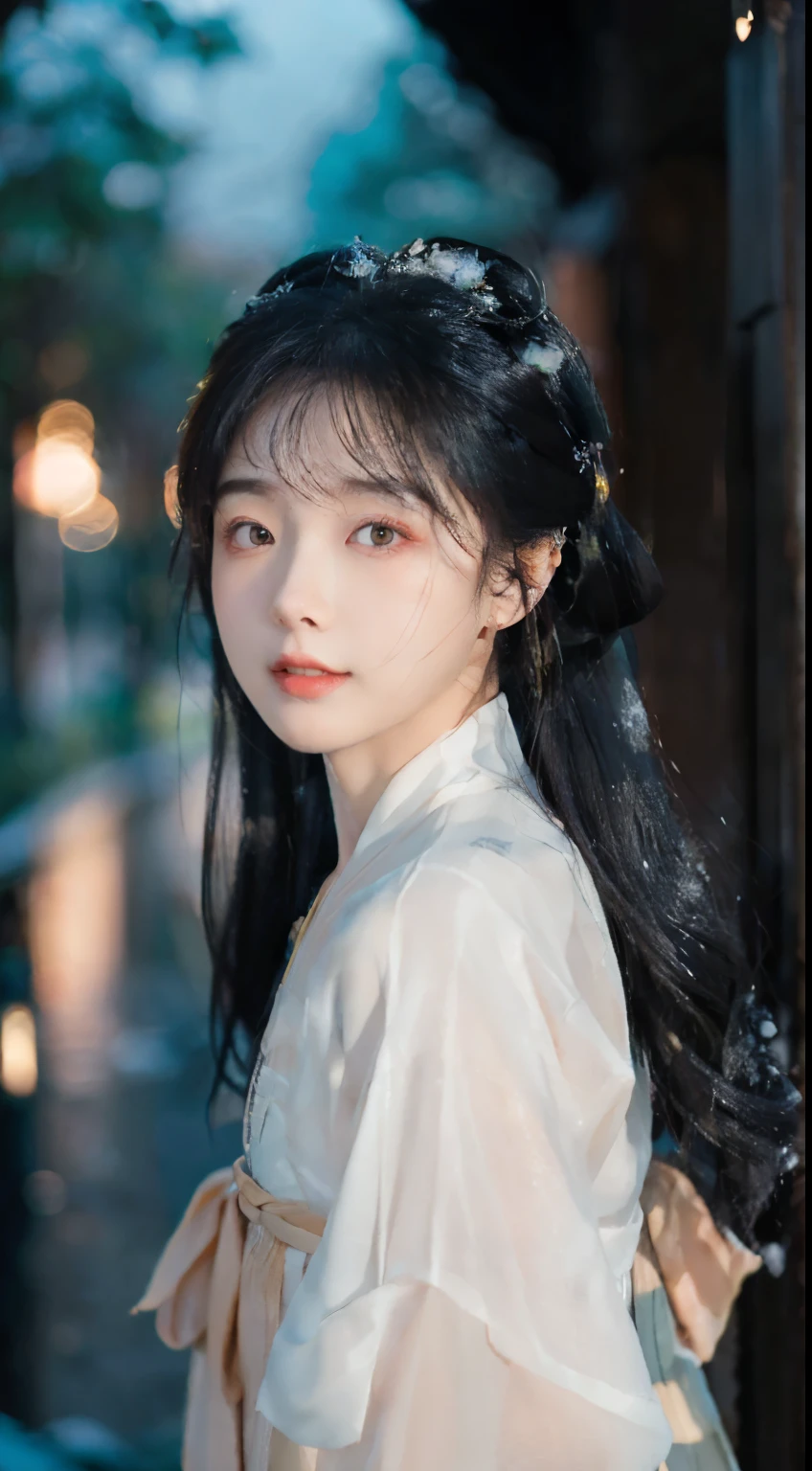 、(top quality,masterpiece:1.3,Ultra-high resolution,),(Super detailed,Caustic lines),(Reality:1.4,RAW Shooting,)Ultra-realistic capture,Very detailed,HD 16K,Suitable for human skin、 Natural skin texture、、Skin looks healthy and even-toned、 Use natural light and color,A woman,Kawaii,black hair,Medium Length Hair,(Depth of Field、Chromatic Aberration、、Wide lighting range、Natural shadows、)、(Nighttime outdoor lighting:1.4)、(Snow Scene:1.2)、(Hair blowing in the wind:1.1)(photoPractical, best quality, Ultra-high resolution, Extremely detailed eyes and face:1.3),(1 Girl, Solitary:1.3),On a wooden boat,Black Hair,Practical,long hair,Jewelry,Upper Body,White see-through Hanfu,Vague,earrings,Lips,Chinese clothes,Hair accessories,black eyes,Vague background,looking off to the side,Shut up,