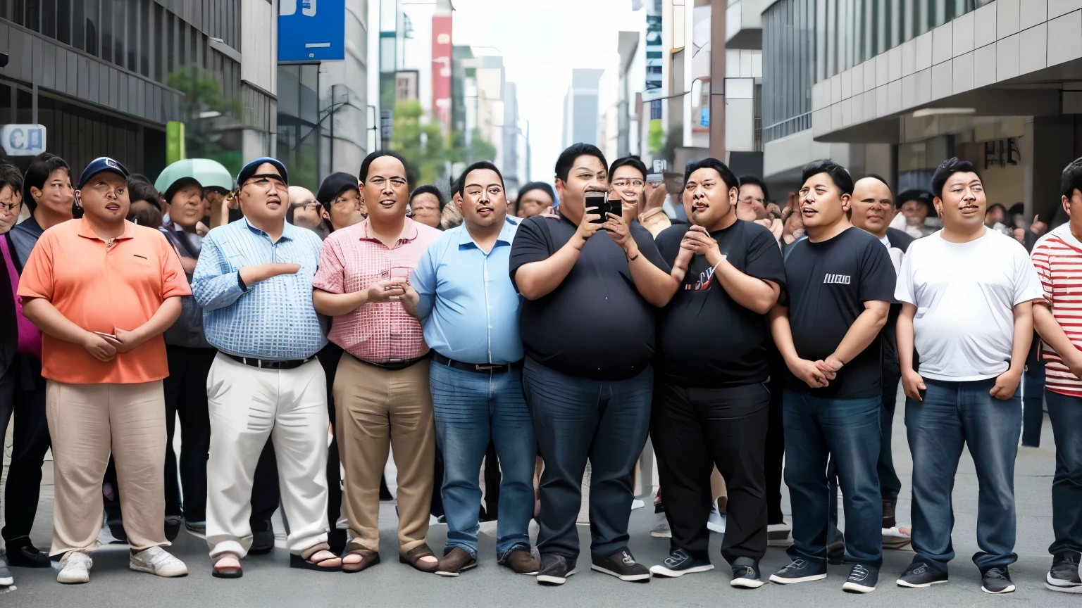 A full-body photo of a group of overweight Japanese men taking photos of the viewer on their cell phones.