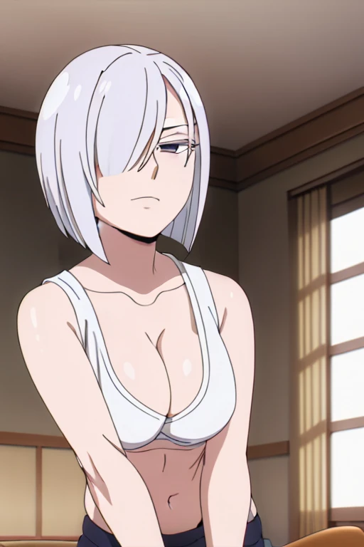 (Best Quality, masterpiece, High resolution, anime screen cap, anime colours), 1 Girl, Short Hair, White hair, Fiona Frost, Seductive Smile, Very Large breasts, cleavage, (Thin fabric, White tanktop:1.8, no-bra:1.5), Slimed, Leaning forward, Upper body, Bedrooms, (Perfect Anatomy, perfect detailed body, Eyes and hair in beautiful detail, Beautiful breasts and skin), armpits, armpits visible,