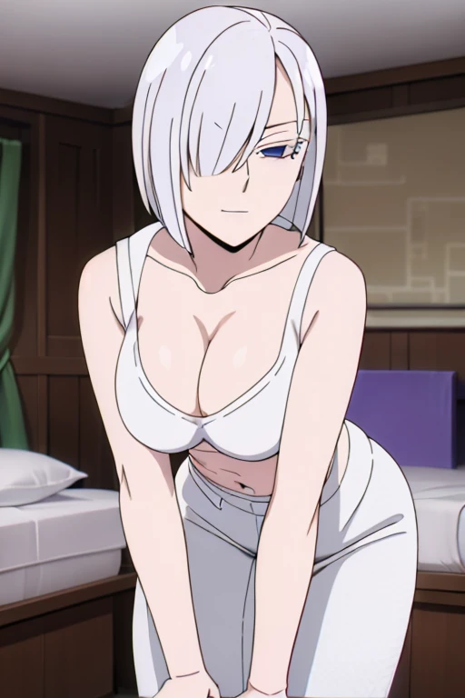 (Best Quality, masterpiece, High resolution, anime screen cap, anime colours), 1 Girl, Short Hair, White hair, Fiona Frost, Seductive Smile, Very Large breasts, cleavage, (Thin fabric, White tanktop:1.8, no-bra:1.5), Slimed, Leaning forward, Upper body, Bedrooms, (Perfect Anatomy, perfect detailed body, Eyes and hair in beautiful detail, Beautiful breasts and skin), armpits, armpits visible,