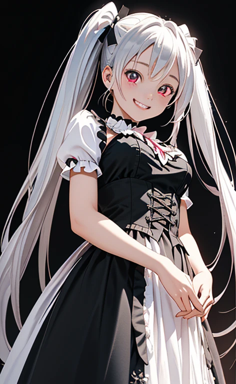 (Photorealistic:1.4)、asuna,(masterpiece、lens flare:1.5、spot light:1.2、Exquisite beautiful eyeonochrome:1.5,portlate、)(looking down at viewer),(from below)
、Cute Face、 3D Face、(pearl white hair:1.5、Straight Hair)、(twintails),(1 Girl)、(Red eyes:1.2)、(cowboy shot)、(crazy smile:1.6),()、 (Cute face:1.2),(small breasts),(),kind face,(white lace frilled gothic ta),(black background:1.5)、(glowing eyes:1.3)、()、 Neat and clean、Adorable、Slim Body(Tareme:1.5),Shiny Hair、(Glowing pink Skin)、Nijisketch,Manga,zydG