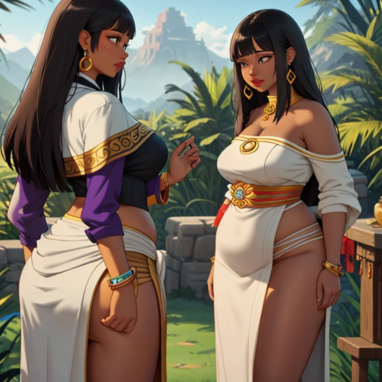(Masterpiece), (best quality), (detailed), Curvy chel from el dorado talking to chief priest, (scene), (chel behind), zoomed out picture of chel talking to the chief priest, 2 different girls, girl with tied hair talking to chel, discussion, chief priestess with tied hair and big body