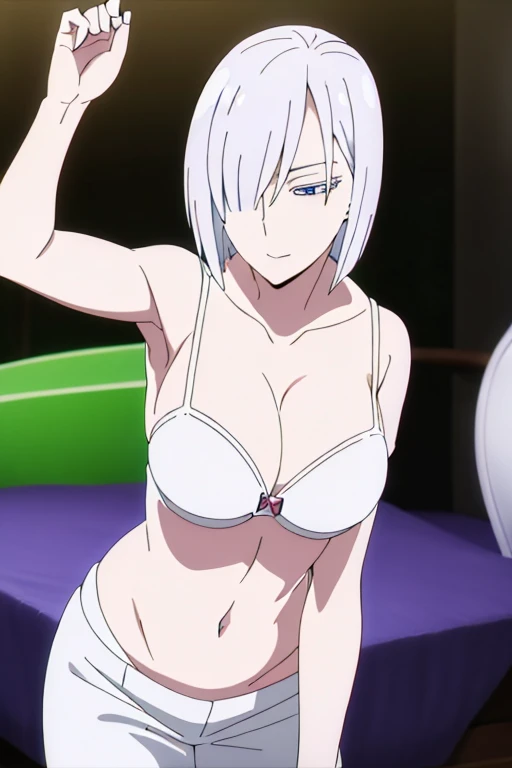 (Best Quality, masterpiece, High resolution, anime screen cap, anime colours), 1 Girl, Short Hair, White hair, Fiona Frost, Seductive Smile, Very Large breasts, cleavage, (Thin fabric, White Bra:1.8, no-bra:1.5), Slimed, Leaning forward, Upper body, Bedrooms, (Perfect Anatomy, perfect detailed body, Eyes and hair in beautiful detail, Beautiful breasts and skin), armpits, armpits visible,