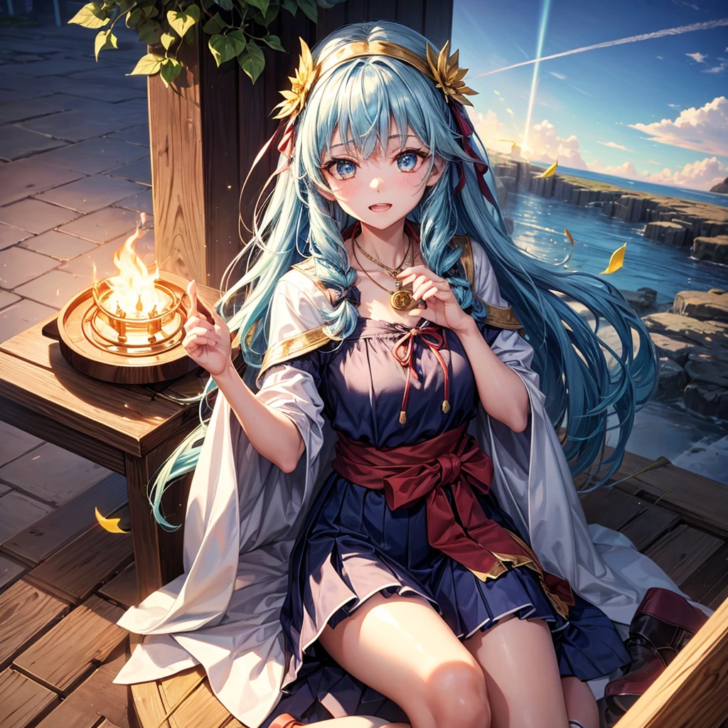 Aqua blue hair、Golden Eyes、Braid、One good looking girl、solo、anime、Checkered mini skirt、Ruffles on the skirt、Red T-shirt、Cape、Gothic、Black knee-high socks、bandana、Wearing a ribbon、Ribbon on waist、Tilting face、Teeth are visible、Sunset sky、Piercing the clouds、Contrail、lotus leaves、Cumulonimbus、Pillar of Light、Sitting on a golden treasure chest、candle fire、Silver coin necklace、A world of light、sitting on the fence、Hands together、From above