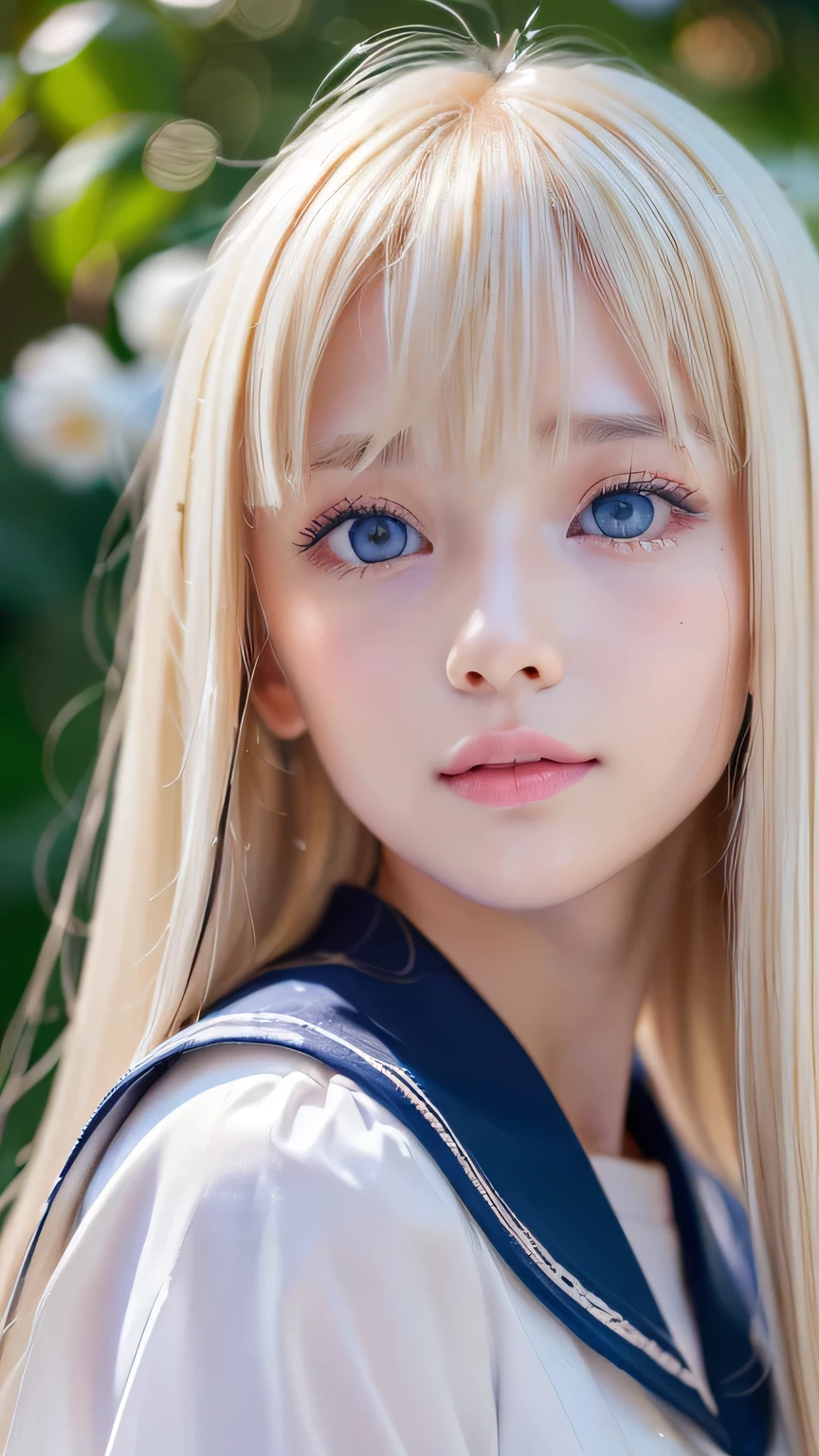 RAW Photos、((((Extremely beautiful portrait)))、(((Bright and fair skin))、1 girl、、Sailor suit、A 15-year-old pretty, bright, natural platinum blonde beauty.、((Gorgeous, natural, bright white platinum blonde))、Super long straight hair、Beautiful Bangs、[Attractive large bright blue eyes]、Smooth, thin and super long hair、Eyeliner、Hair between the eyes、smile、((masterpiece、最high quality、Ultra Detail、Film Light、Intricate details、High resolution、8k、Very detailed))、Detailed Background、8k UHD、Digital SLR、Soft Light、high quality、Film Grain、Fujifilm XT3、Shallow depth of field、Natural light、(Perfect hands)、Perfect beautiful face、Small Face Beauty、round face、Cheek gloss highlighter