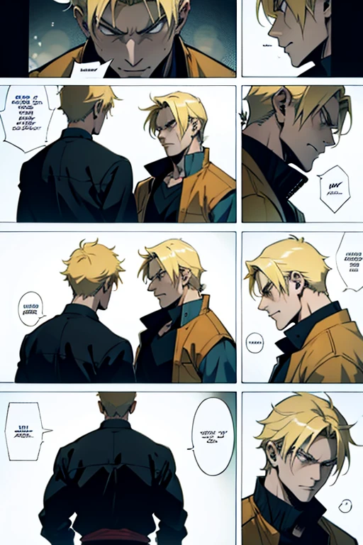 Anime guy with blonde hair fighting a old man , manga page with panels and dialogue