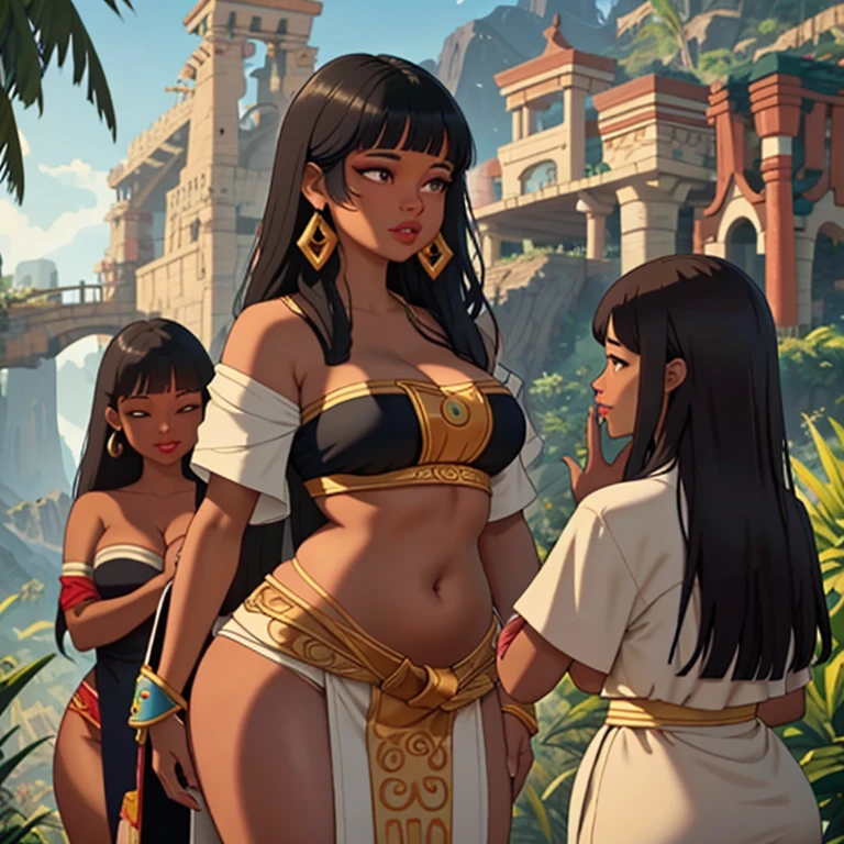 (Masterpiece), (best quality), (detailed), Curvy chel from el dorado talking to chief priest, (scene), (chel behind), zoomed out picture of chel talking to the chief priest, 2 different girls, girl with tied hair talking to chel, discussion, chief priestess with tied hair and big body
