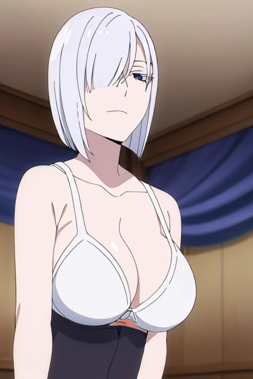 (Best Quality, masterpiece, High resolution, anime screen cap, anime colours), 1 Girl, Short Hair, White hair, Fiona Frost, Seductive Smile, Very Large breasts, cleavage, (Thin fabric, White Bra:1.8, no-bra:1.5), Slimed, Leaning forward, Upper body, Bedrooms, (Perfect Anatomy, perfect detailed body, Eyes and hair in beautiful detail, Beautiful breasts and skin), armpits, armpits visible,