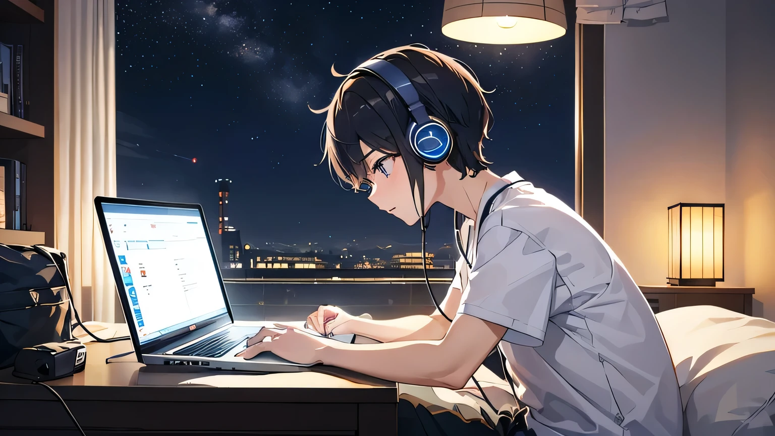 A boy typing on a laptop while listening to music with headphones in his room、Dim room lighting、Outside the room is a starry sky.、Japanese anime style、City Pop