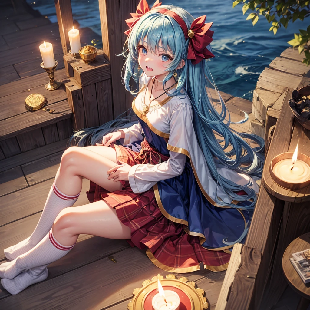 Aqua blue hair、Golden Eyes、Braid、One good looking girl、solo、anime、Checkered mini skirt、Ruffles on the skirt、Red T-shirt、Cape、Gothic、Black knee-high socks、bandana、Wearing a ribbon、Ribbon on waist、Tilting face、Teeth are visible、Sunset sky、Piercing the clouds、Contrail、lotus leaves、Cumulonimbus、Pillar of Light、Sitting on a golden treasure chest、candle fire、Silver coin necklace、A world of light、sitting on the fence、Hands together、From above