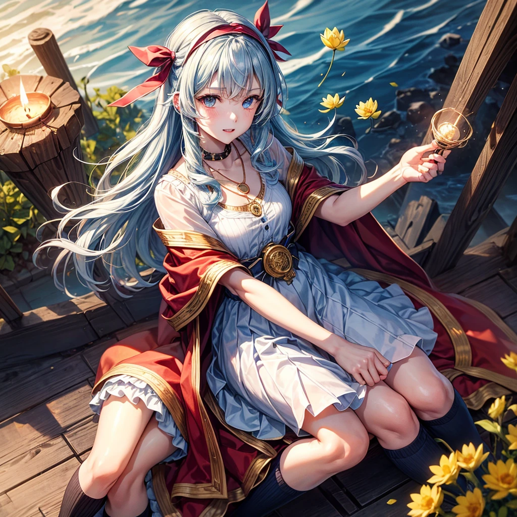 Aqua blue hair、Golden Eyes、Braid、One good looking girl、solo、anime、Checkered mini skirt、Ruffles on the skirt、Red T-shirt、Cape、Gothic、Black knee-high socks、bandana、Wearing a ribbon、Ribbon on waist、Tilting face、Teeth are visible、Sunset sky、Piercing the clouds、Contrail、lotus leaves、Cumulonimbus、Pillar of Light、Sitting on a golden treasure chest、candle fire、Silver coin necklace、A world of light、sitting on the fence、Hands together、From above
