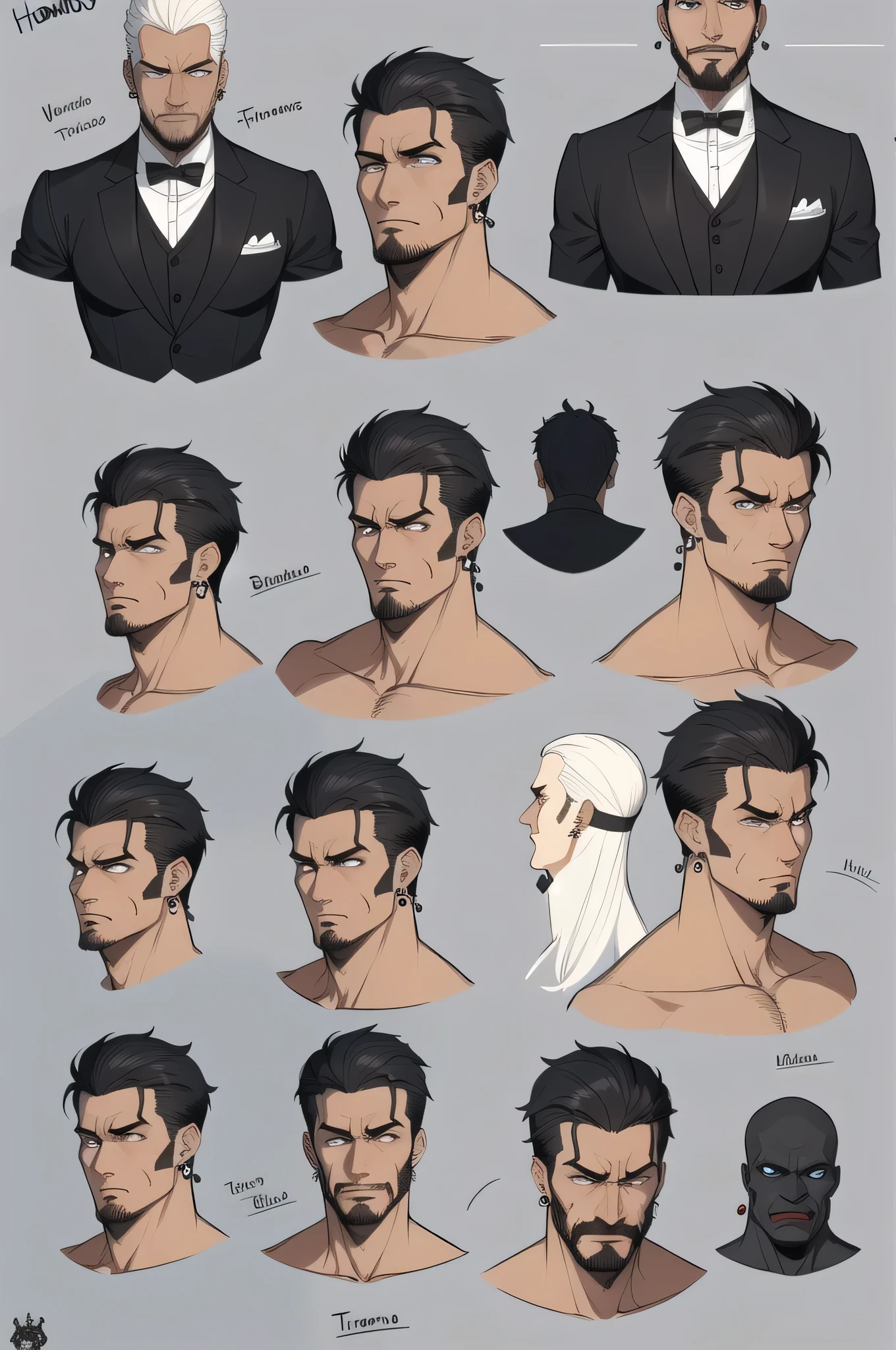 Homem original character reference sheet adoptable, black skin earrings rings vampiro Tremere barba
