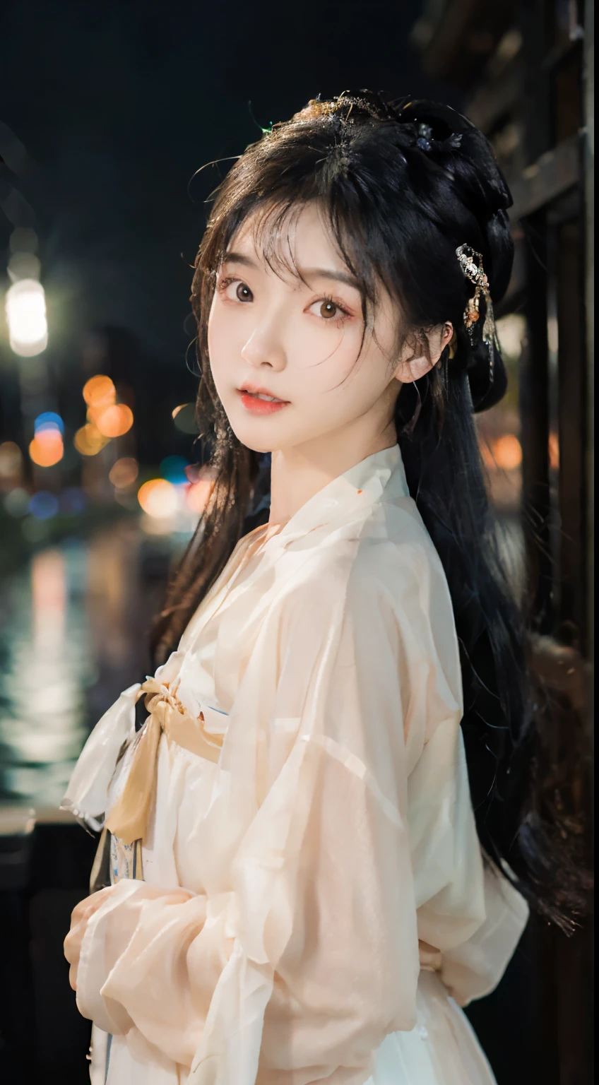 、(top quality,masterpiece:1.3,Ultra-high resolution,),(Super detailed,Caustic lines),(Reality:1.4,RAW Shooting,)Ultra-realistic capture,Very detailed,HD 16K，Suitable for human skin、 Natural skin texture、、Skin looks healthy and even-toned、 Use natural light and color,A woman,Kawaii,black hair,Medium Length Hair,(Depth of Field、Chromatic Aberration、、Wide lighting range、Natural shadows、)、(Nighttime outdoor lighting:1.4)、(Snow Scene:1.2)、(Hair blowing in the wind:1.1)(photoPractical, best quality, Ultra-high resolution, Extremely detailed eyes and face:1.3),(1 Girl, Solitary:1.3),On a wooden boat,Black Hair,Practical,long hair,Jewelry,Upper Body,White see-through Hanfu,Vague,earrings,Lips,Chinese clothes,Hair accessories,black eyes,Vague background,looking off to the side,Shut up,