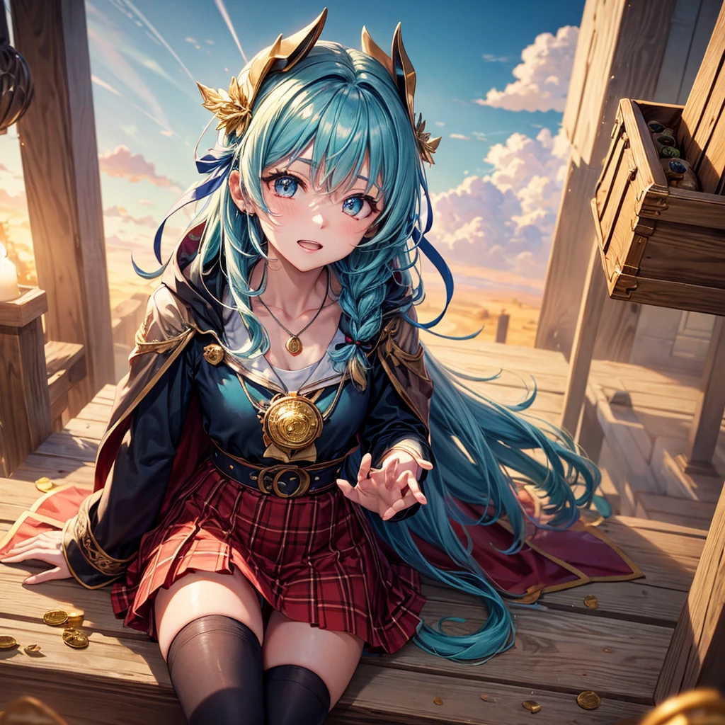 Aqua blue hair、Golden Eyes、Braid、One good looking girl、solo、anime、Checkered mini skirt、Ruffles on the skirt、Red T-shirt、Cape、Gothic、Black knee-high socks、bandana、Wearing a ribbon、Ribbon on waist、Tilting face、Teeth are visible、Sunset sky、Piercing the clouds、Contrail、lotus leaves、Cumulonimbus、Pillar of Light、Sitting on a golden treasure chest、candle fire、Silver coin necklace、A world of light、sitting on the fence、Hands together、From above