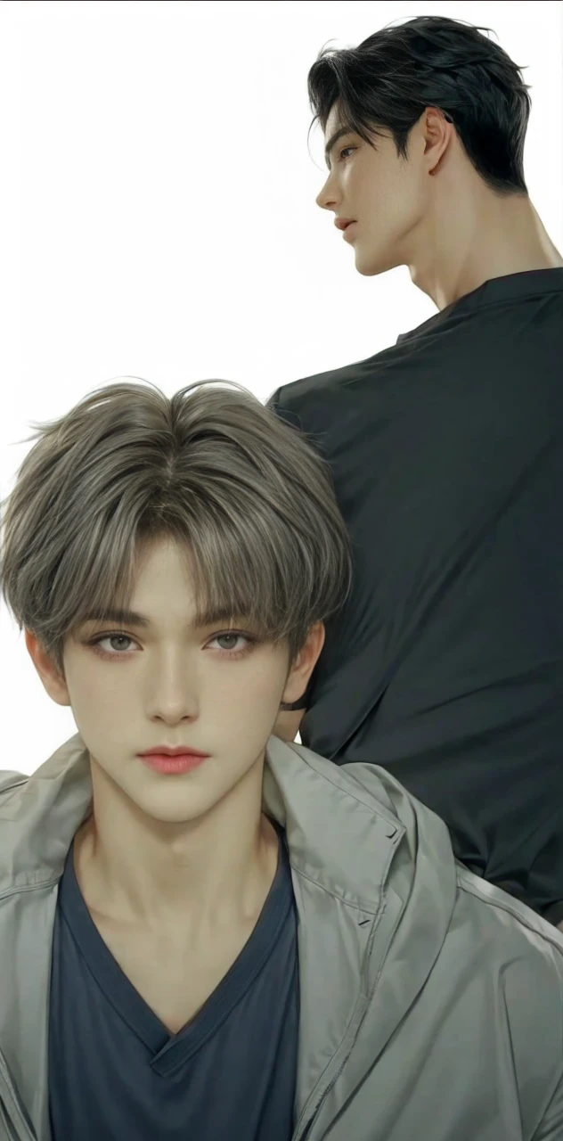 Black hair, short hair, 2 males, Delicate face、Mature Boy、white button up, grey eyes, masterpiece, best quality, 2 males, teasing each other, seductive looking at each other, romance, bare chest, black long hair, brown short hair, hot, sexy, attractive, finely detailed eyes and detailed face, close up, dynamic angle, touching each other unreal Engine 5
