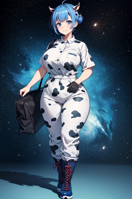 Anime drawings、Full body portrait、Space SF Delivery Man、A curvy woman with cow ears, about 180cm tall and about 45 years old, wearing a cow print boiler suit, walking with a large bag on her back、Smiling、Short hair with an updo、Blue Hair、gloves、sports boots、Blue Eyes