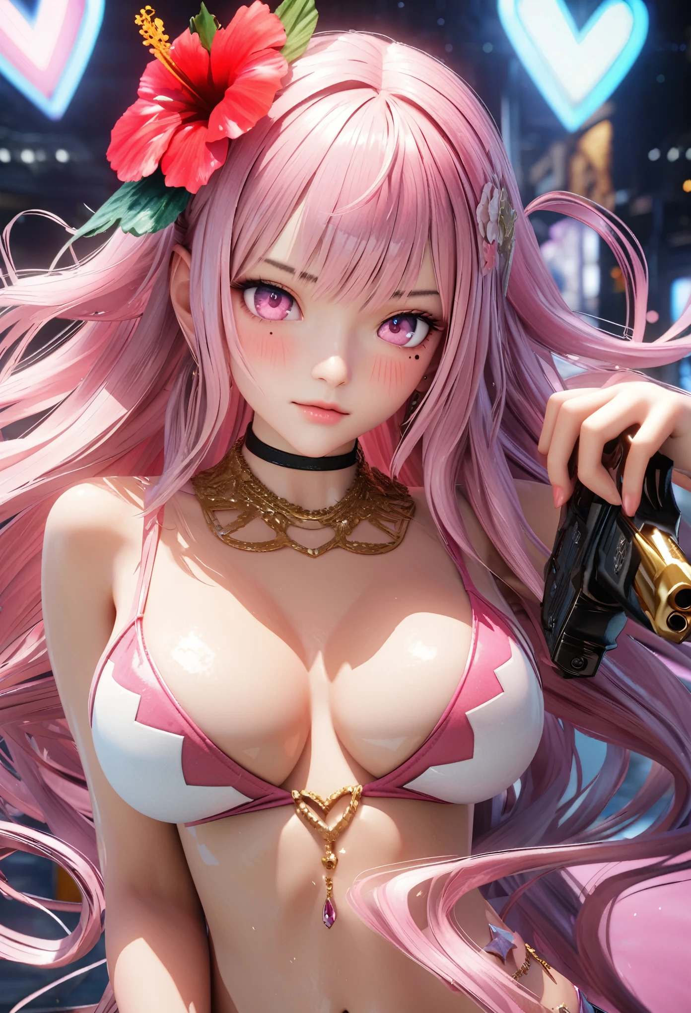 masterpiece,highest quality, Very detailed, High resolution, expensive resolution, High resolution, 4K, 8k, unity 8k wallpaper, Very detailed CG, masterpiece,  2D, 3D, Beautiful details, depth, Fine texture , highest quality: 1.3, Fully focused, Crispy.skin, .he,
Very cute anime girl 、bikini、Large 、Pink medium-long hair wearing expensive , Two Girls、Holding a gun,  Mole under the eye, looking at the viewer , expensive , blush, Mole, Lips parted, Hibiscus Hair Accessories, heart, Pink Eyes, choker