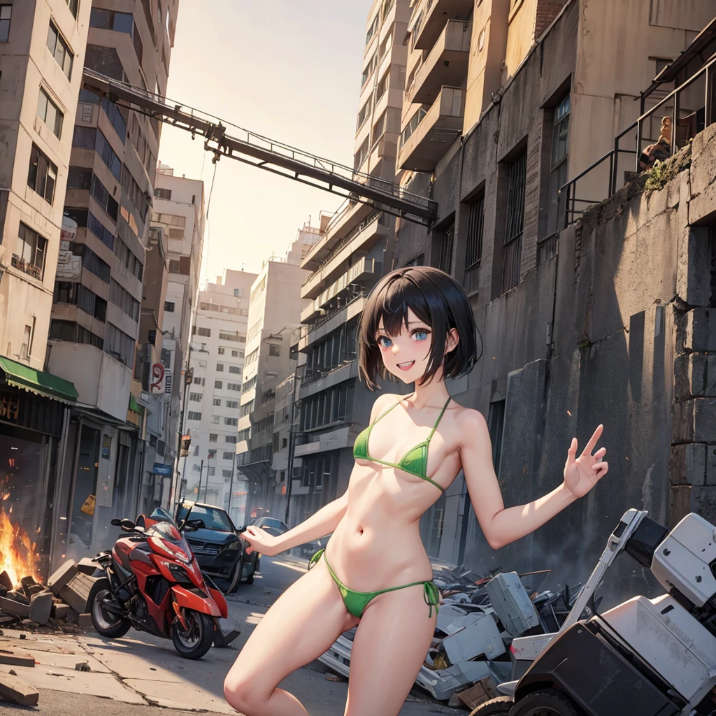 Attack on cute Titan girl,micro bikini,multiple titan girls,smiling,breaking buildings,