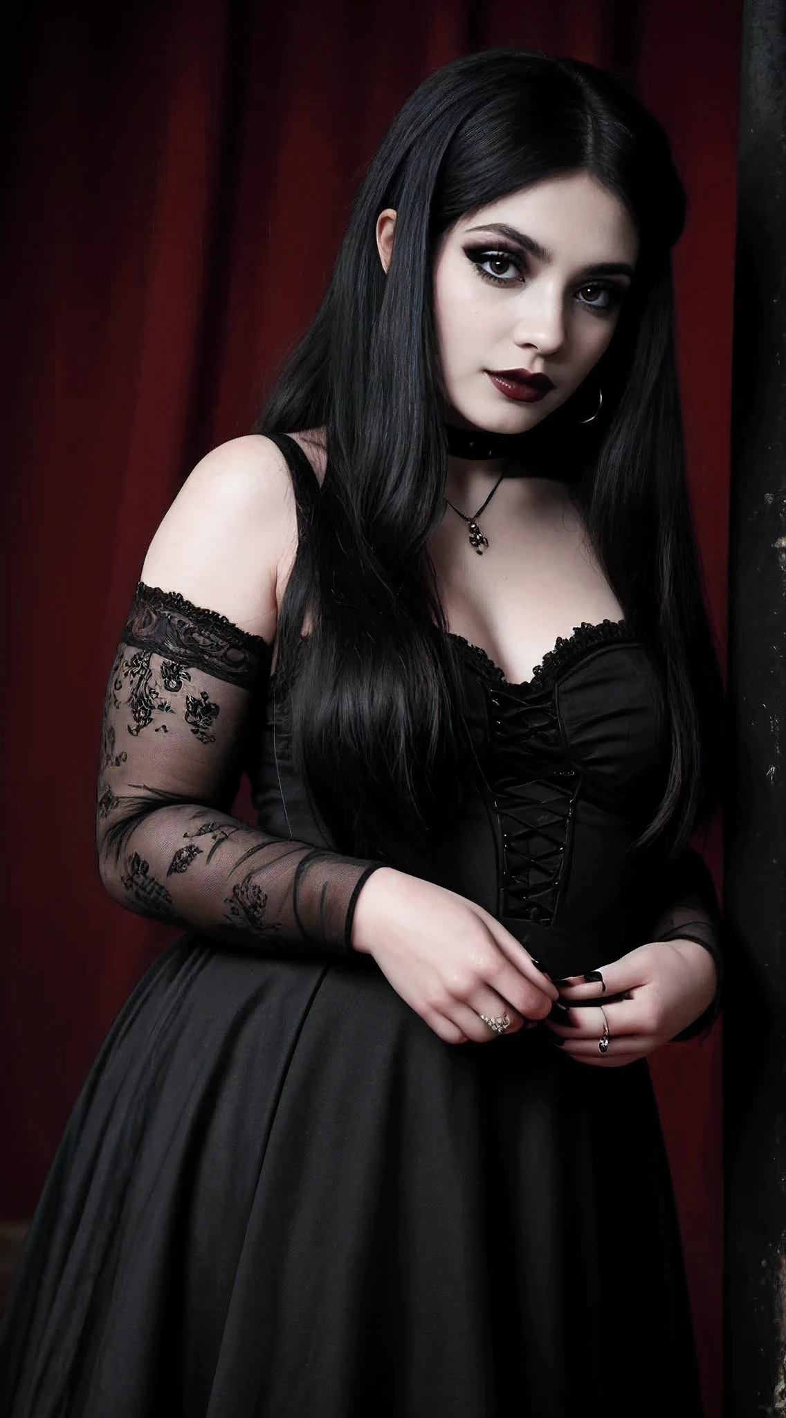 top quality, best quality, High-quality illustrations, masterpiece, super high resolution, detailed background, female, 27 years old woman, postrait, face closeup, fat cheecks, beautiful fat female, plus size model, intriguing smile, goth makeup, goth clothes, long black dress, black lips, long black hair, effortless allure, record studio background, black lipstick, black nails, gothic, rock, gothic girl, gothic fat girl closeup, portrait, face