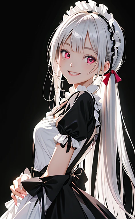 (Photorealistic:1.4)、asuna,(masterpiece、lens flare:1.5、spot light:1.2、Exquisite beautiful eyeonochrome:1.5,portlate、)(),()
、Cute Face、 3D Face、(pearl white hair:1.5、Straight Hair)、(twintails),(1 Girl)、(Red eyes:1.2)、(cowboy shot)、(crazy smile:1.6),()、 (Cute face:1.2),(small breasts),(),kind face,(white lace frilled gothic lolita),(black background:1.5)、(glowing eyes:1.3)、()、 Neat and clean、Adorable、Slim Body(Tareme:1.5),Shiny Hair、(Glowing pink Skin)、Nijisketch,Manga,zydG