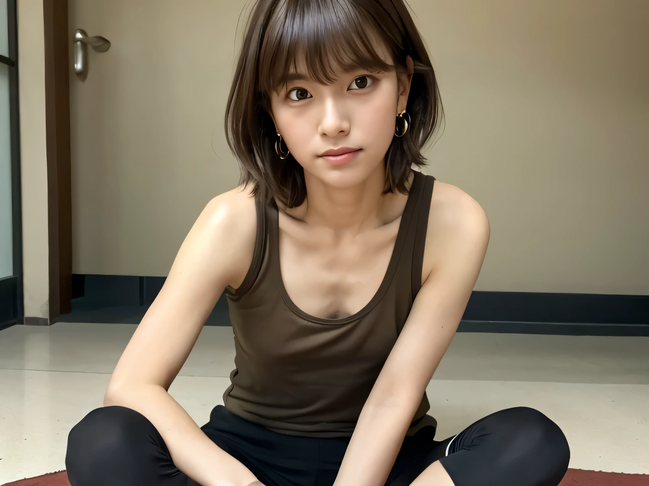 Look into the eyes, Eye contact, Front of face, Front face, face, head, Cross-legged, indoor, Brown Hair, bangs, (Tank top, Shorts, Spread your legs), Sweat, clavicle, shoulder, Cross-legged, Light from below, chest, Earrings, Skin Moisture, Look at me