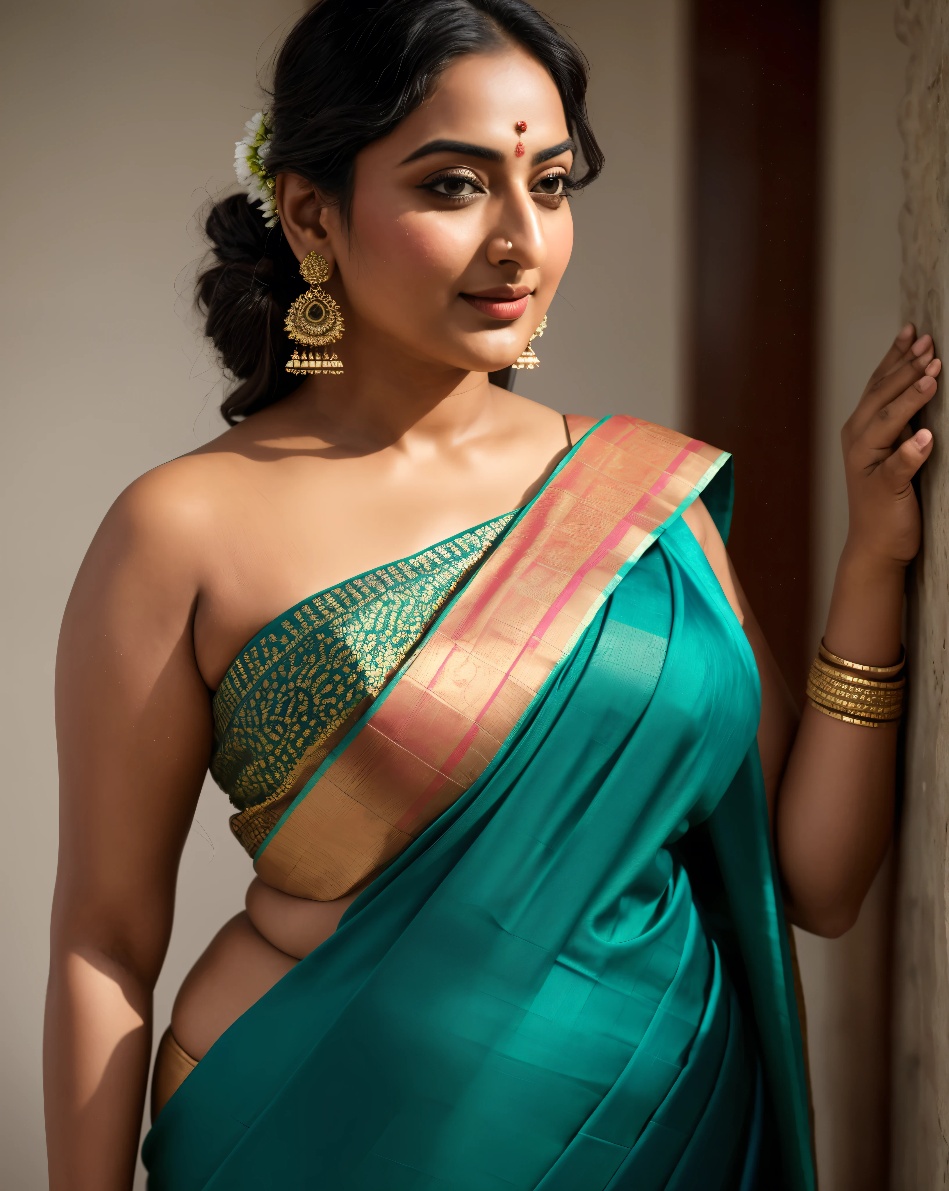 Foto RAW, photorealistic, photography, full body shot, master shot, perfect eyes, goddess like beauty, pierced eyes, perfect thick chubby mallu Desi aunty bhabhi, Wearing a Stanapatta, a chest-band.Saree model, model Photography, Indian saree shoot, Indian traditional wear advertising photography, traditional wear brand shoot, face of Indian actress Sonakshi Sinha, masterpiece, realistic, realism, incredible details, pleasure, photorealism, detailed skin, skin pores, high contrast, photorealistic Artstation 8k HD digital art trend of high definition and detailed realistic skin texture, ultra detail, realistic skin texture, armature, best quality, ultra high definition, (photorealistic:1.4),, high resolution, detail, raw photo, sweat, Re sharp, by Lee Jefferies Nikon D850 Film Stock Photo 4 Kodak Portra 400 Camera F1.6 Lens Rich Color Ultra Real Realistic Realistic Textures Dramatic Lighting Unreal Engine Trending at Art Station Cinestill 800,(pele altamente detalhada: 1.2), 8k UHD, DSLR, soft-lighting, alta qualidade, grain of film, Fujifilm XT3,she didn't like to wear blouse or bra, she is happy to wear only saree, she hates blouse or bra, detailed hairy armpits, hyper realistic skin, skin pores, sweat, veins,