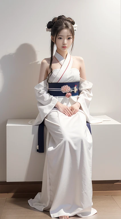 (masutepiece, Best Quality:1.4), Beautiful face, 8K, student, 85 mm, absurderes, White theme, (full body, Bare Shoulders, Hanfu,:1.4), close up of face, violaceaess, gardeniass, fullnude,slender, Delicate girl,sixteen years old, Solo, Looking at Viewer, Bare Shoulders, Hanfu, (Smile:0.6), Cinch West, thin waist, Teenn hair, Film grain, chromatic abberation, Sharp Focus, face lights, Professional Lighting, Sophisticated, (Smile:0.4), in room, (White wall, Simple background, Bokeh background:1.3), Detail Face
