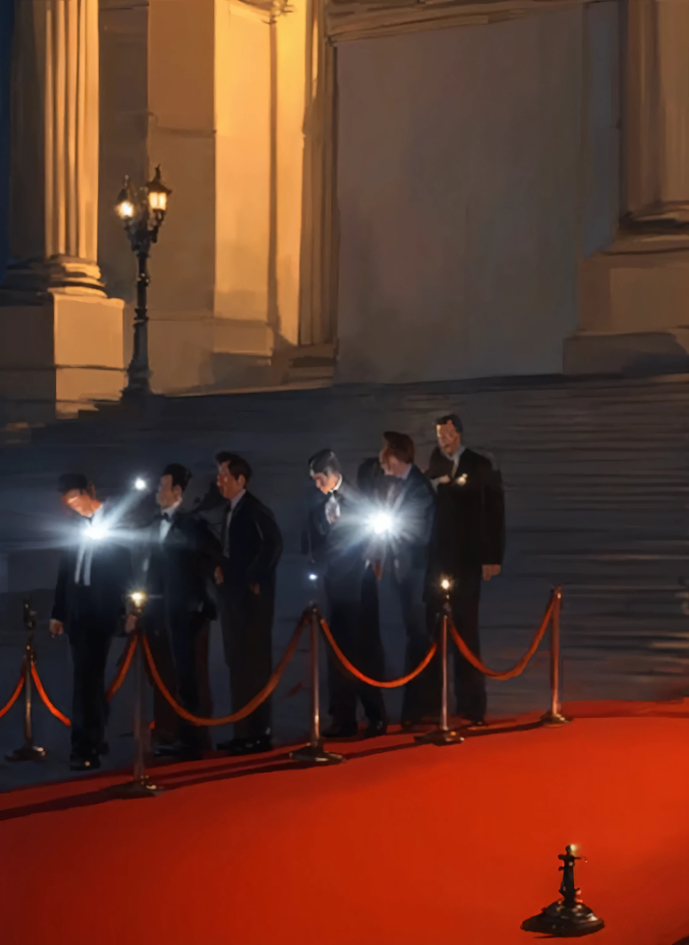 illustration, red carpet, flashlights, photographers, flashlights, night, beautiful building, masterpiece, storybook style, highly detailed, masterpiece