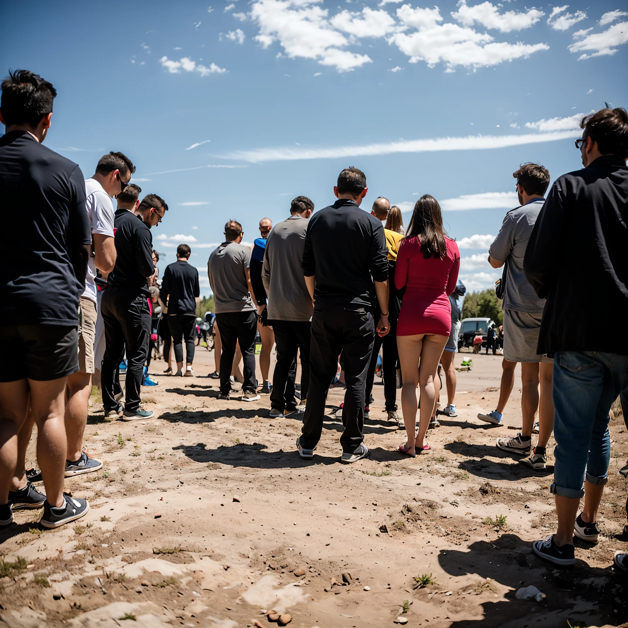A crowd of people with their heads bent looking down. All people look at the ground with their heads bent down. Outdoor. Cloudy sky