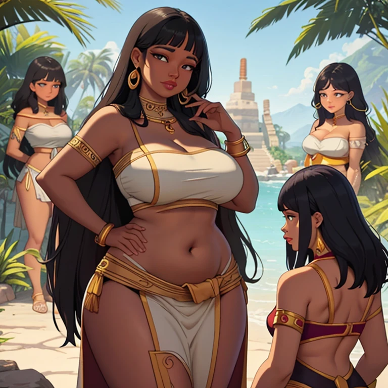 (Masterpiece), (best quality), (detailed), Curvy chel from el dorado talking to chief priest, (scene), (chel behind), zoomed out picture of chel talking to the chief priest, 2 different girls, girl with tied hair talking to chel, discussion, chief priestess with tied hair and big body