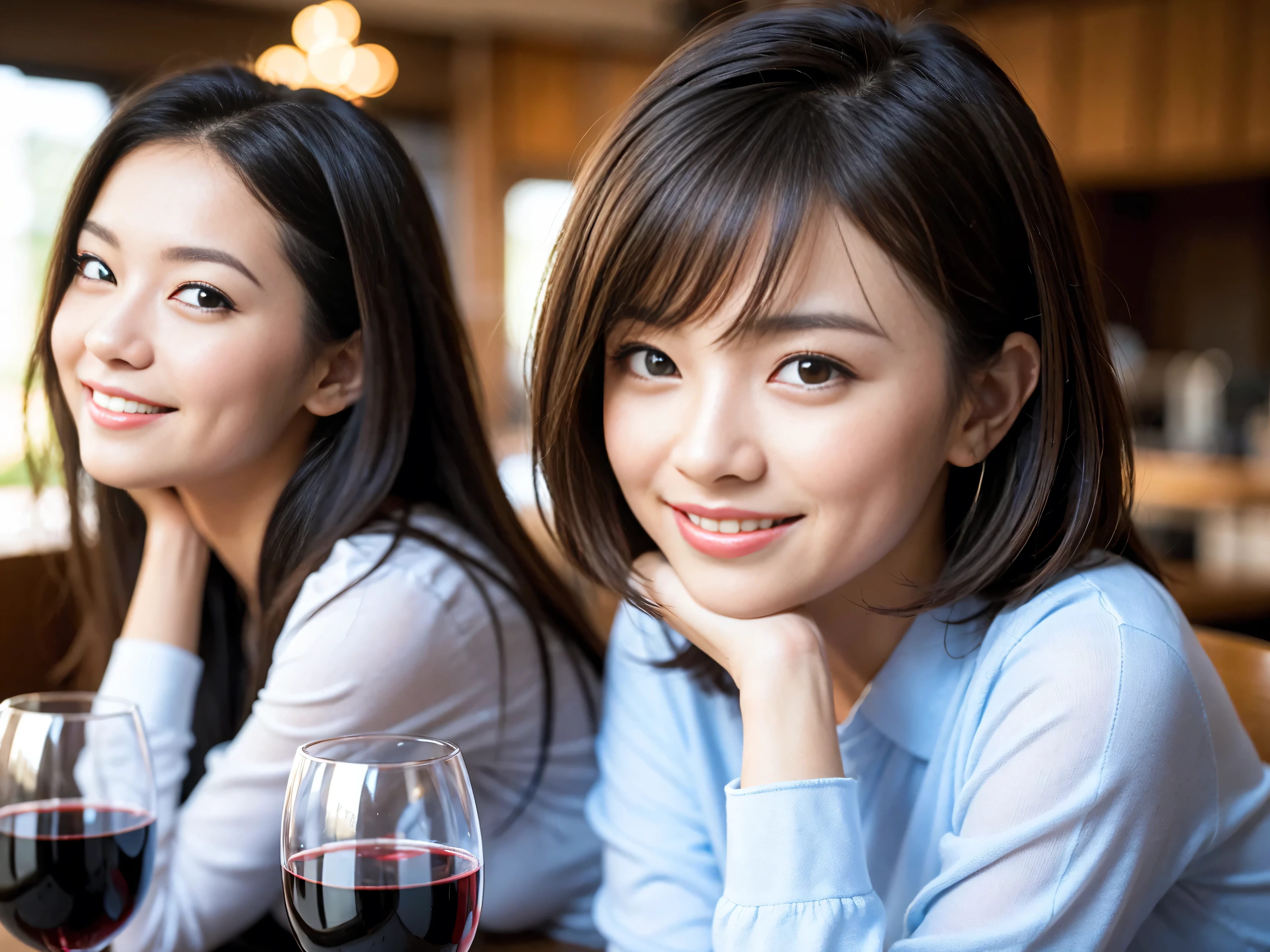 ((highest quality、8k、masterpiece:1.3))、1 male、1 female、Satomi Ishihara-like beautiful couple、Spouse、Couple、The body is slim、((Bob Hale、Straight hair:1.2)), (Realistic, Intricate details:1.2), Wine glass on the table、Shine light on your face、 Amazing view of the sunset sky and clouds、Amazing mountain views、A bright smile、The wonderfulness of smile、Bright image、The beauty of wine, Beautiful Face, blue eyes, The light shines on your face, Blushing, short hair,Bright Face、 (Age 37), 41 years old, red wine 、Appetizers、Italian food、Wine bottle、Champagne、sparkling wine、Two beauties、Brown Hair、Shortcuts、Long sleeve shirt、dress、Pretty Woman 1, (Slim face), (The body is slim), (Brown Hair), (Shortcuts), cheeks turn a little red,Attractive beauty、restaurant, In a prominent place (From the waist up) Nova Frog Style, actress, model, Upper Body, White wine, slim, wine glass, A wine glass placed in the center, smile, (smile: 1.15), Beautiful fine grain, Depth f/2,saturation, High Contrast, Strong light and shadow,Moist Body:1.5、3D texture、Delicate eyes、Brown Hair、The hair is very shiny、