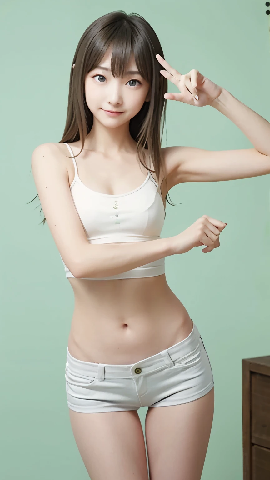 ((wearing only a Tully's Coffee's apron, (short apron on a naked body), dark_green apron, apron up to the navel, )), 写実的、リアル、解剖学的に正確な身体、Woman with long blonde hair and pale blue eyes is taking pictures, Long bangs、gorgeous young model, Portrait Sophie Mudd, The most beautiful female models in the world、White beautiful skin、Highlights of cheek luster、cute young woman, Very beautiful young woman, portrait of a beautiful model, Beautiful young girl, with round face、Beautiful young woman, a photography of a beautiful woman, face perfect, 20-year-old female model, Beautiful blonde girl、Small face beauty、(no_panties, no_bra:1.1)、body facing the viewer、((photo from the waist up:1.1))、thin waist、embarrassed look smile、I can see the belly button、Clean tummy、Not NSFW、cute, happy, ((身体が視聴者の方向を向く))、no_NSFW、(太もも、no_skirt, no_bra, no_shirts, higulegs_panties),