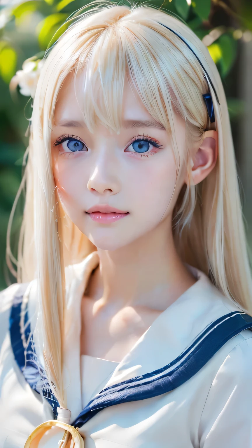 RAW Photos、((((Extremely beautiful portrait)))、(((Bright and fair skin))、1 girl、、Sailor suit、A 15-year-old pretty, bright, natural platinum blonde beauty.、((Gorgeous, natural, bright white platinum blonde))、Super long straight hair、Beautiful Bangs、[Attractive large bright blue eyes]、Smooth, thin and super long hair、Eyeliner、Hair between the eyes、smile、((masterpiece、最high quality、Ultra Detail、Film Light、Intricate details、High resolution、8k、Very detailed))、Detailed Background、8k UHD、Digital SLR、Soft Light、high quality、Film Grain、Fujifilm XT3、Shallow depth of field、Natural light、(Perfect hands)、Perfect beautiful face、Small Face Beauty、round face、Cheek gloss highlighter