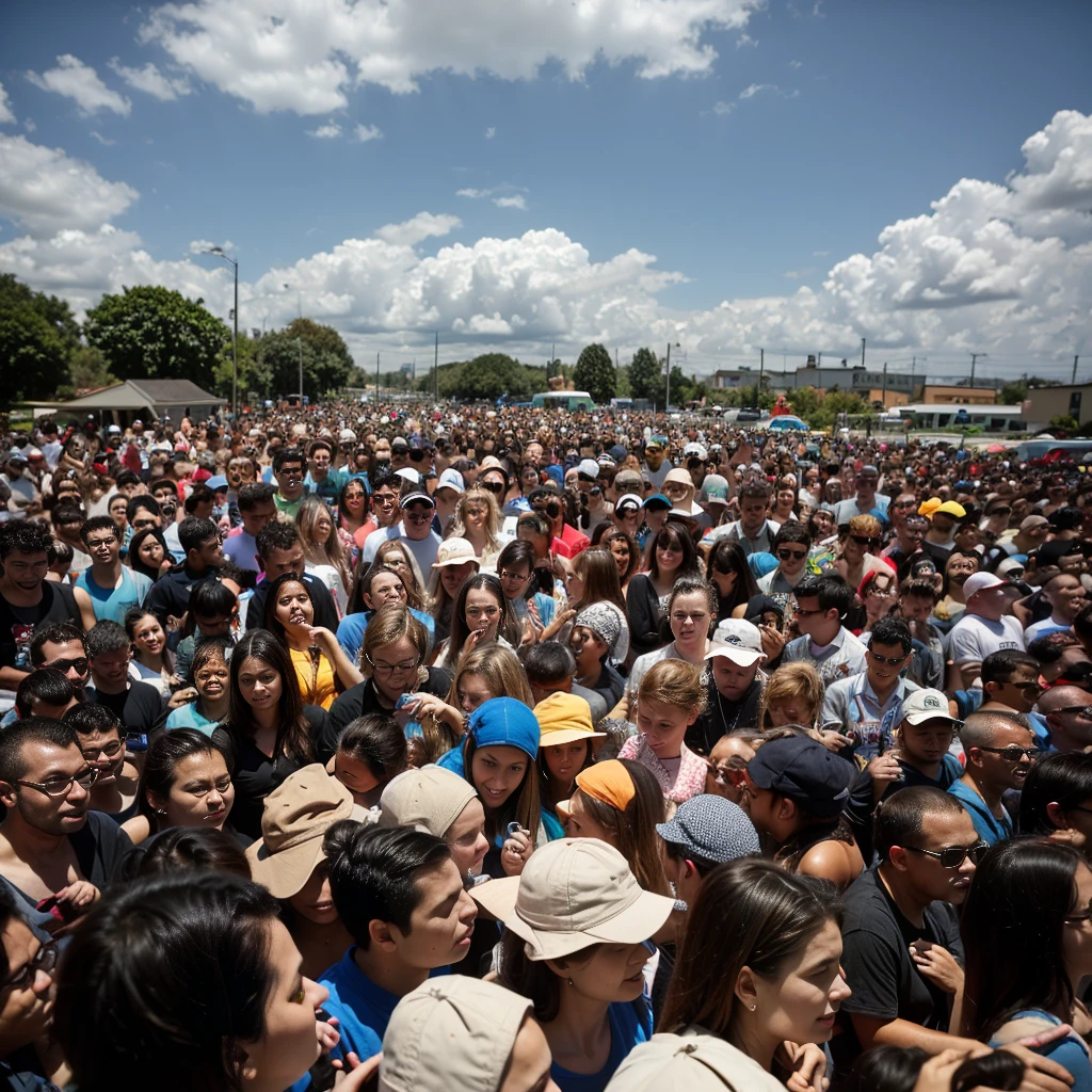 A crowd of people with their heads bent looking down. All people look down. People heads bent down. Outdoor. Cloudy sky