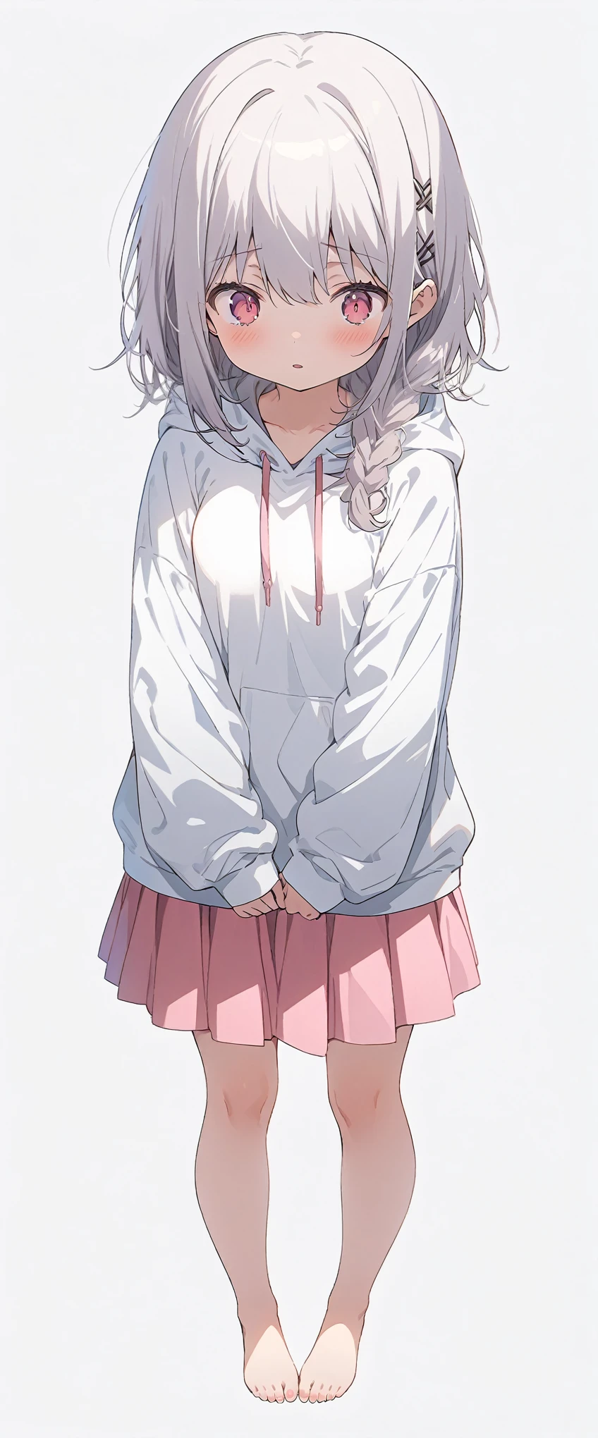 White background、white background、Blank background、Ultra-high resolution, highest quality,Solo,just standing girl, One young girl、Full body view from the front、fish-bone braid hair、Fishbone Hair、grayish white hair、beautiful detailed eyes、Grey hair x pink eyes、pink eyes、Drop your gaze、face down、Depressed expression、Ample breasts、Plain white hoodie、Pink pleated skirt、barefoot