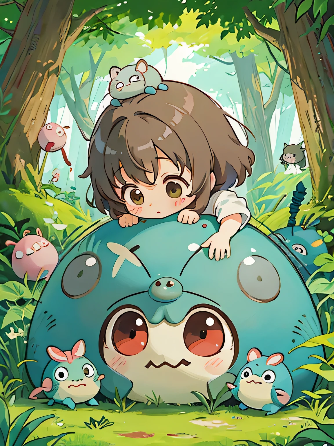hayao miyazaki style, Kawaii Design, The most beautiful girl of all time、Chibi, Cute and colorful pillbugs、play together、Lots of pillbugs、Totoro Forest