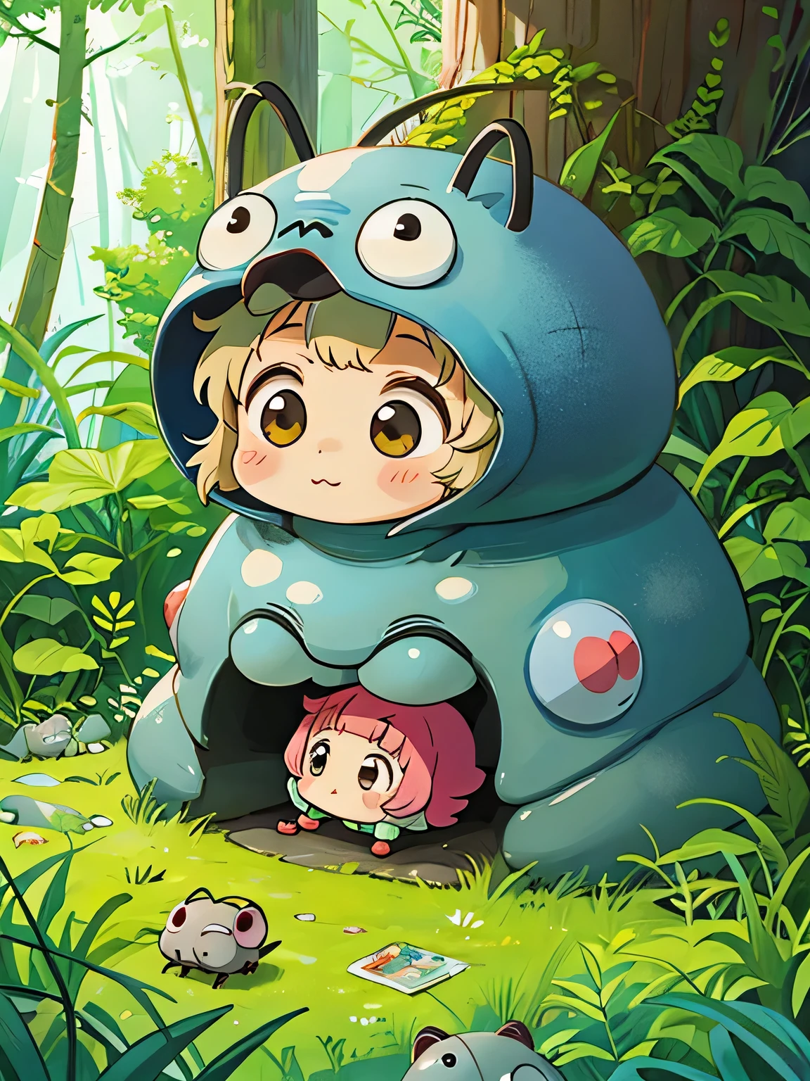 hayao miyazaki style, Kawaii Design, The most beautiful girl of all time、Chibi, Cute and colorful pillbugs、play together、Lots of pillbugs、Totoro Forest