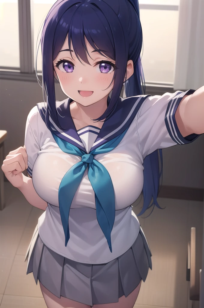 ((((Open your mouth)))),((smile)),Minamimatsuura, kanan matsuura, Blue Hair, Long Hair, ponytail, (Purple eyes:1.1), POV, (:1.2),
break aqua neckerchief, grey Sailor collar, grey skirt, miniskirt, neckerchief, pleated skirt, Sailor collar, sailor shirt, , serafuku, shirt, skirt, Summer clothes, uranohoshi , white shirt,
break looking at viewer, 
break indoors, classroom,
break (masterpiece:1.2), highest quality, High resolution, unity 8k wallpaper, (figure:0.8), (Beautiful fine details:1.6), Highly detailed face, Perfect lighting, Highly detailed CG, (Perfect hands, Perfect Anatomy),