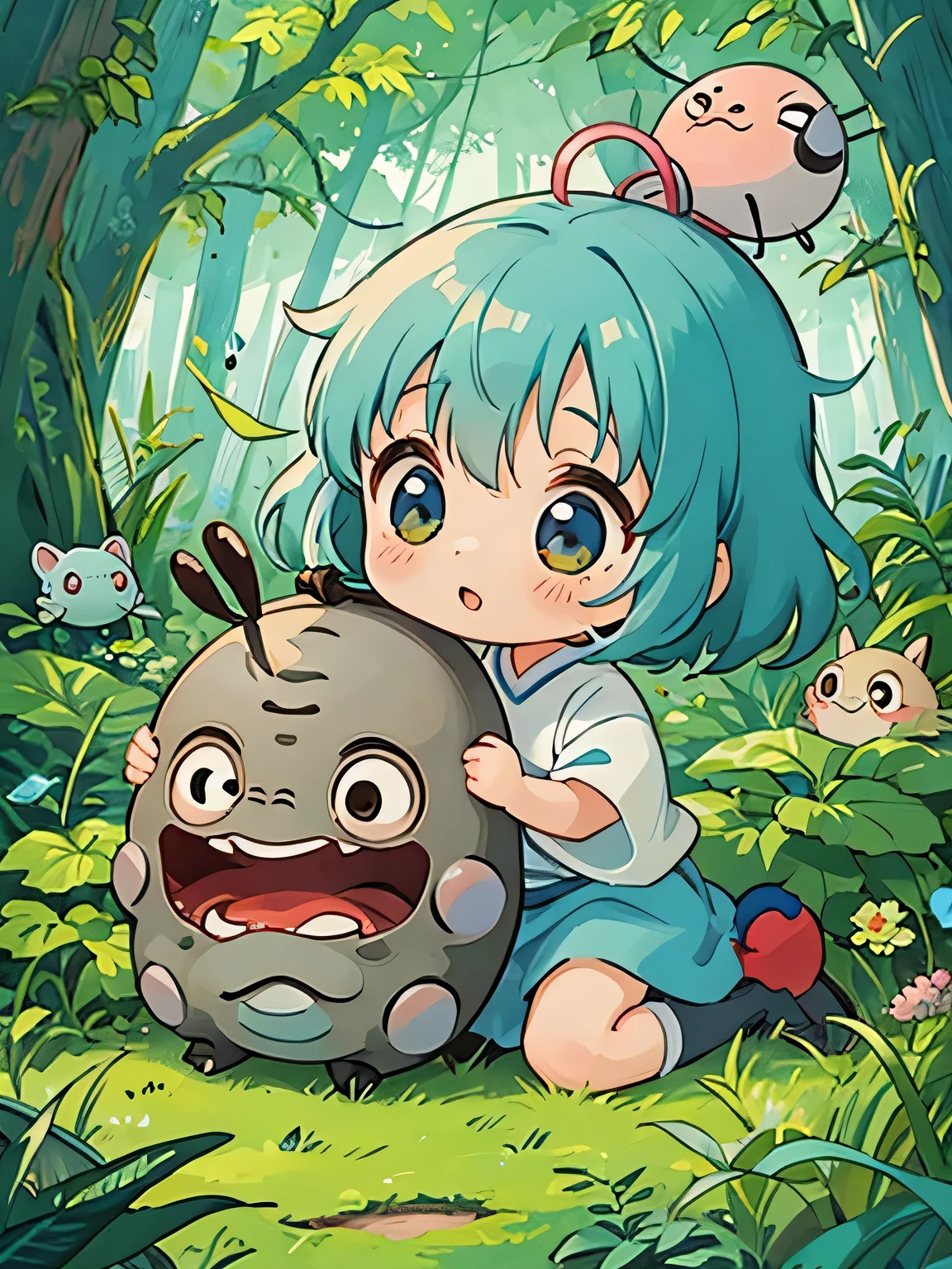 hayao miyazaki style, Kawaii Design, The most beautiful girl of all time、Chibi, Cute and colorful pillbugs、play together、Lots of pillbugs、Totoro Forest