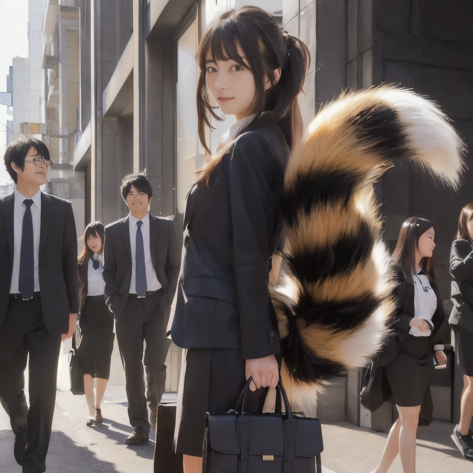 ビジネスマンのグループの前でブリーフケースを運ぶTanuki tailが生えた女性, by Kanō Naizen, by Oze Kanaoka,  Realistic 3D Style, Tanuki tail,  fur, A woman with a bushy tail, photograph, highest quality