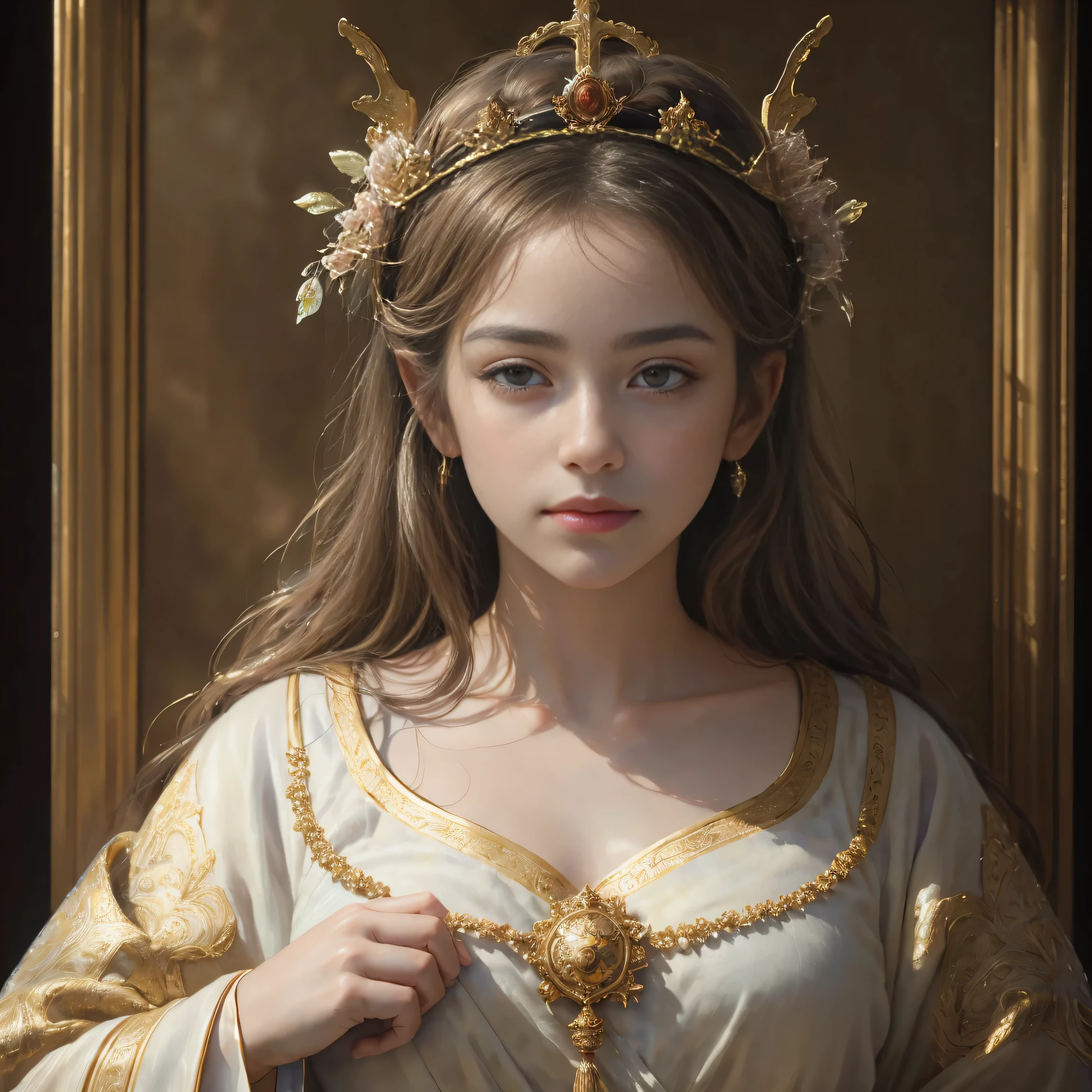 (highest quality,4K,8k,High resolution,masterpiece:1.2),Super detailed,(Realistic,photoRealistic,photo-Realistic:1.37),Classical religious paintings,holy,Hello,Divine Light,Heavenly look,Decorative crown,Holy aura,Calm expression,Loose-fitting robes,Angel&#39;s wing,Sacred atmosphere,Golden Background,Mysterious atmosphere,Vibrant colors,Soft lighting,Strong gaze,Spiritual Beings