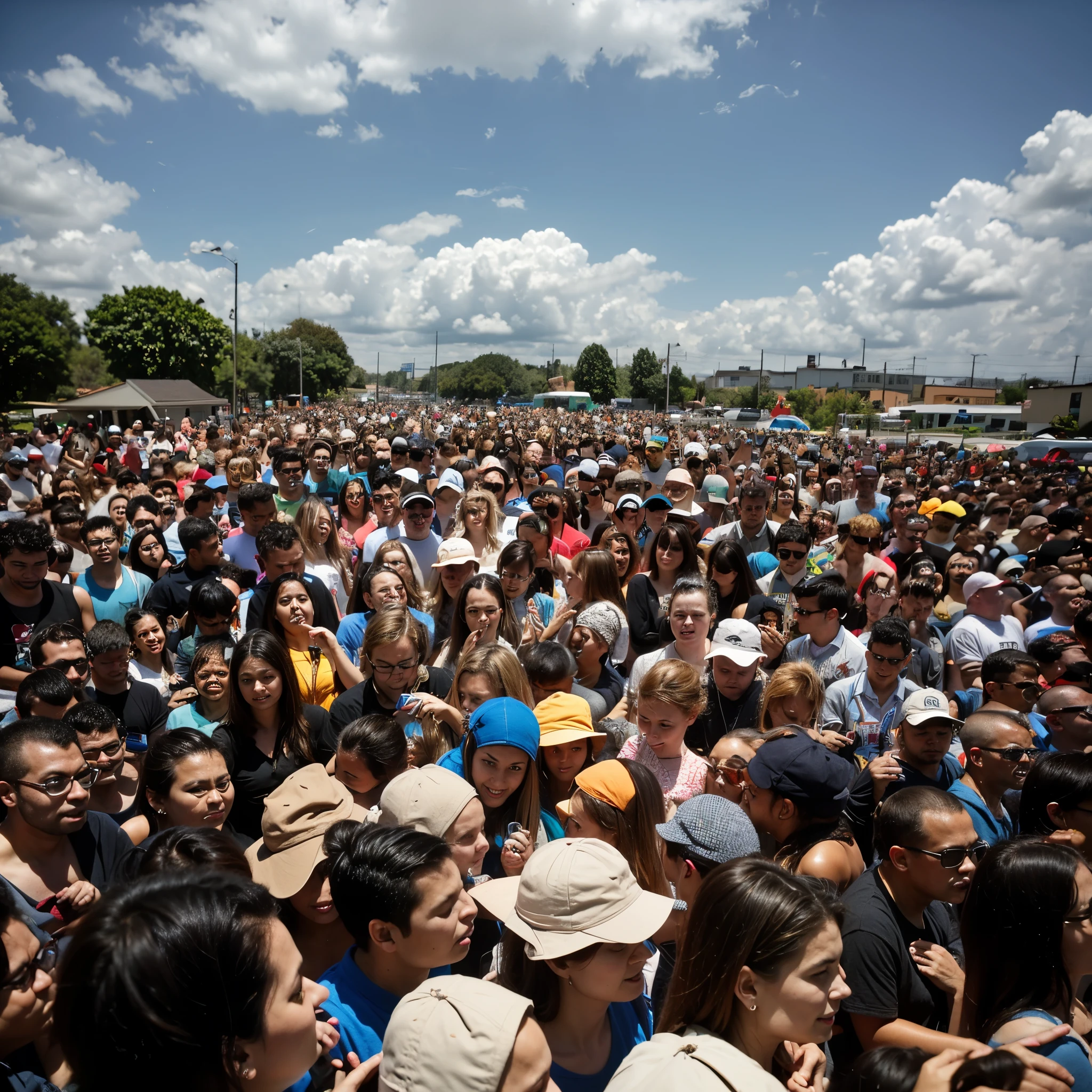  A crowd of people with their heads bent looking down. All people look down. People heads bent down. Outdoor. Cloudy sky