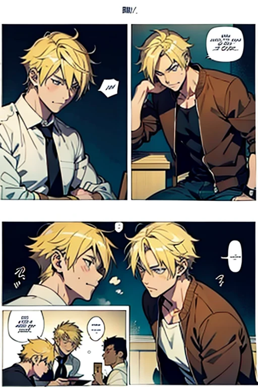 Anime guy with blonde hair drunk, manga page with panels and dialogue 