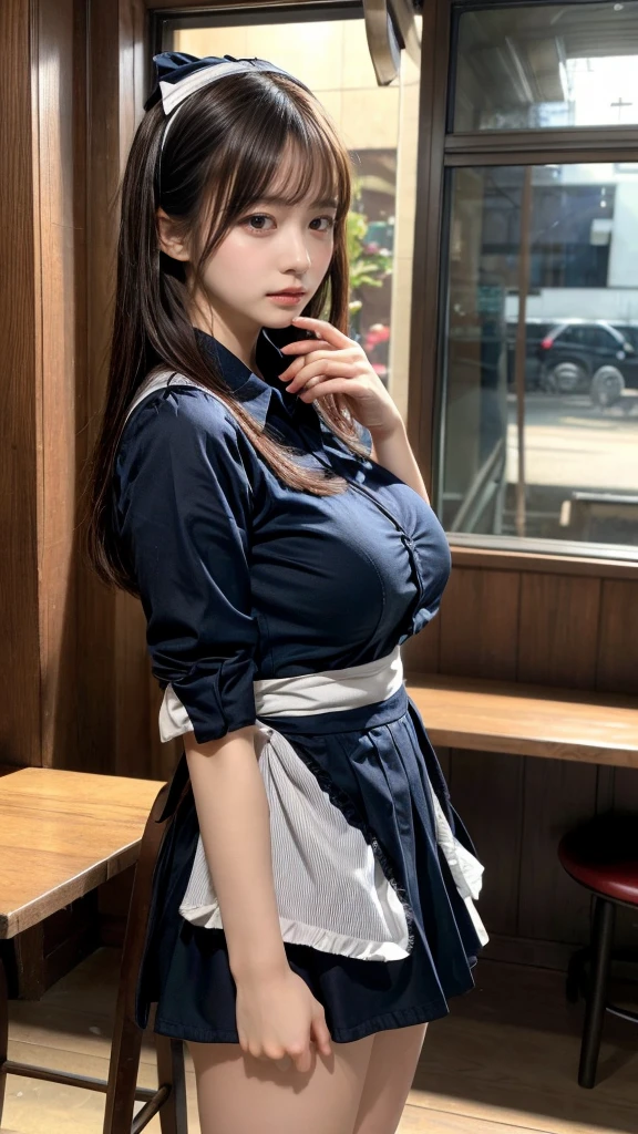 masterpiece, best quality, illustration, Super detailed, fine details, High resolution, 8K,wall paper, perfect dynamic composition,(Details High quality, realistic depiction of eyes:1.3), waitress uniform, restaurant, huge breasts, short bob hair、black hair color, Big Natural Color Lip, (perfect body shape), crying a little、cold gaze, Harajuku style、20 year old girl、cute type、lolita、beautiful legs, focus on crotch, full body photo, gravure idol