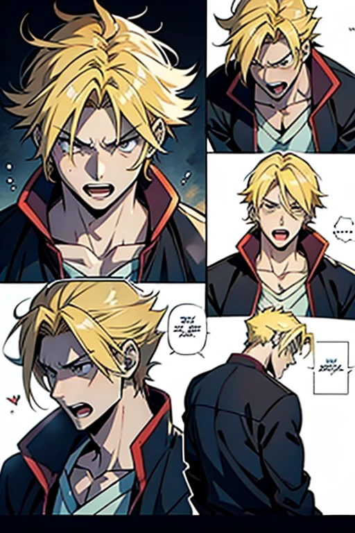 Anime guy with blonde hair screaming, manga page with panels and dialogue 