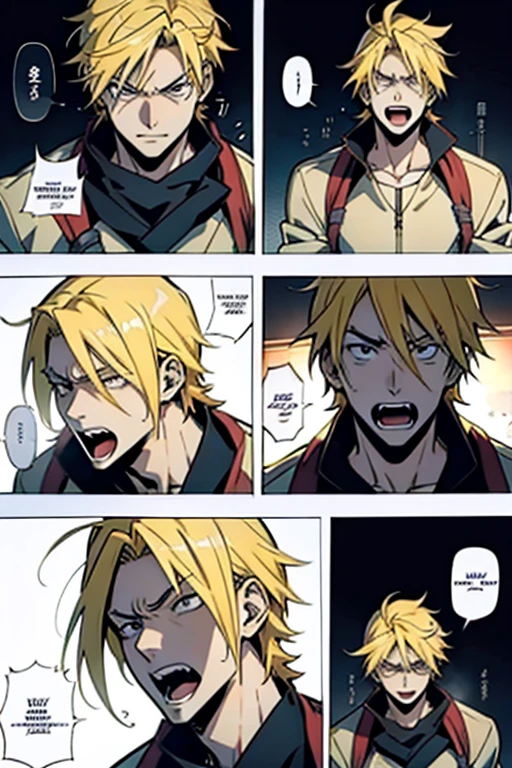 Anime guy with blonde hair screaming, manga page with panels and dialogue 