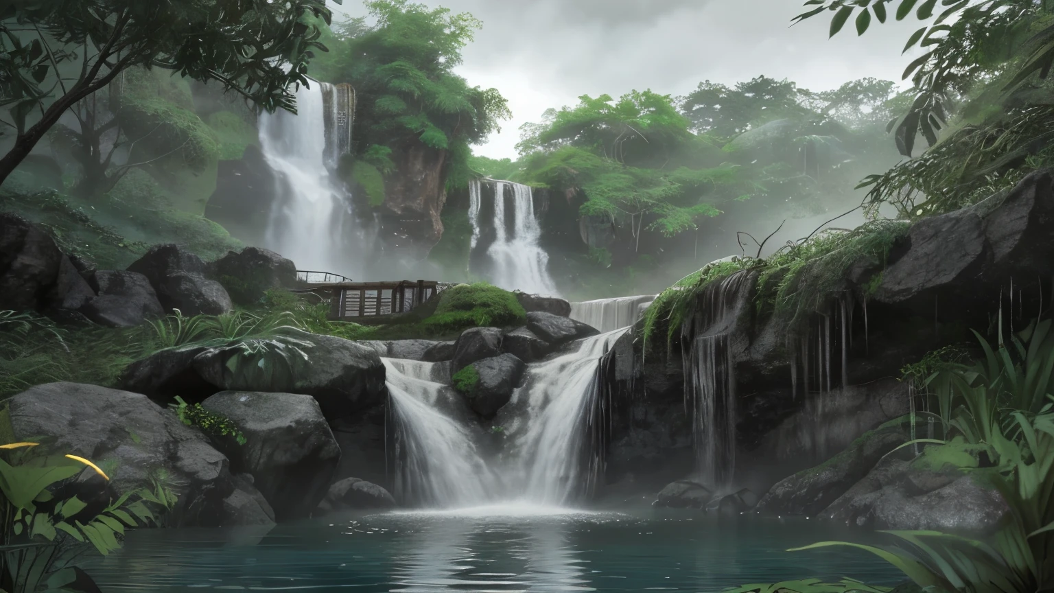 Three majestic waterfalls converging into a single pool in a lush, rainy jungle, depicted in a vibrant anime style. Towering trees with large green leaves and dense foliage surround the scene, with vines hanging and various exotic plants adding to the richness of the environment. The sky is overcast, and a gentle rain falls, creating a misty atmosphere around the waterfalls. The water cascades down rocky cliffs, splashing into the clear pool below, with droplets creating ripples and a sense of motion. The colors are vivid but slightly muted due to the rainy weather, enhancing the tranquil and refreshing ambiance. Attention to detail in the water flow, vegetation, and raindrops is important, and the image should convey a sense of natural beauty and serenity. The composition should be captivating and evoke a feeling of awe and peace