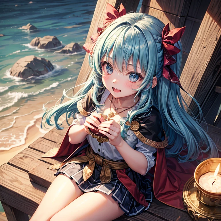 Aqua blue hair、Golden Eyes、Braid、One good looking girl、solo、anime、Checkered mini skirt、Ruffles on the skirt、Red T-shirt、Cape、Gothic、Black knee-high socks、bandana、Fluffy clothes、Wearing a ribbon、Ribbon on waist、Tilting face、Teeth are visible、Sunset sky、Piercing the clouds、Contrail、lotus leaves、Cumulonimbus、Pillar of Light、Sitting on a golden treasure chest、candle fire、Silver coin necklace、A world of light、sitting on the fence、Hands together、From above