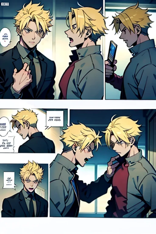 Anime guy with blonde hair yelling, manga page with panels and dialogue
